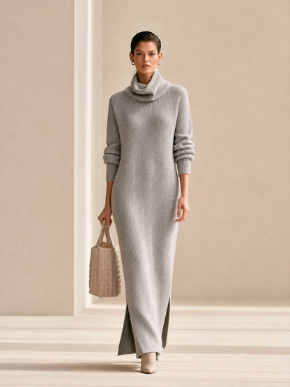 Ribbed Knit Turtleneck Maxi Dress — Slim Fit Side Slit 6