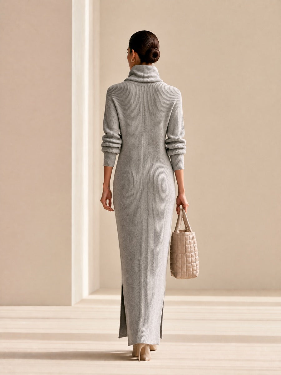 Ribbed Knit Turtleneck Maxi Dress — Slim Fit Side Slit 4
