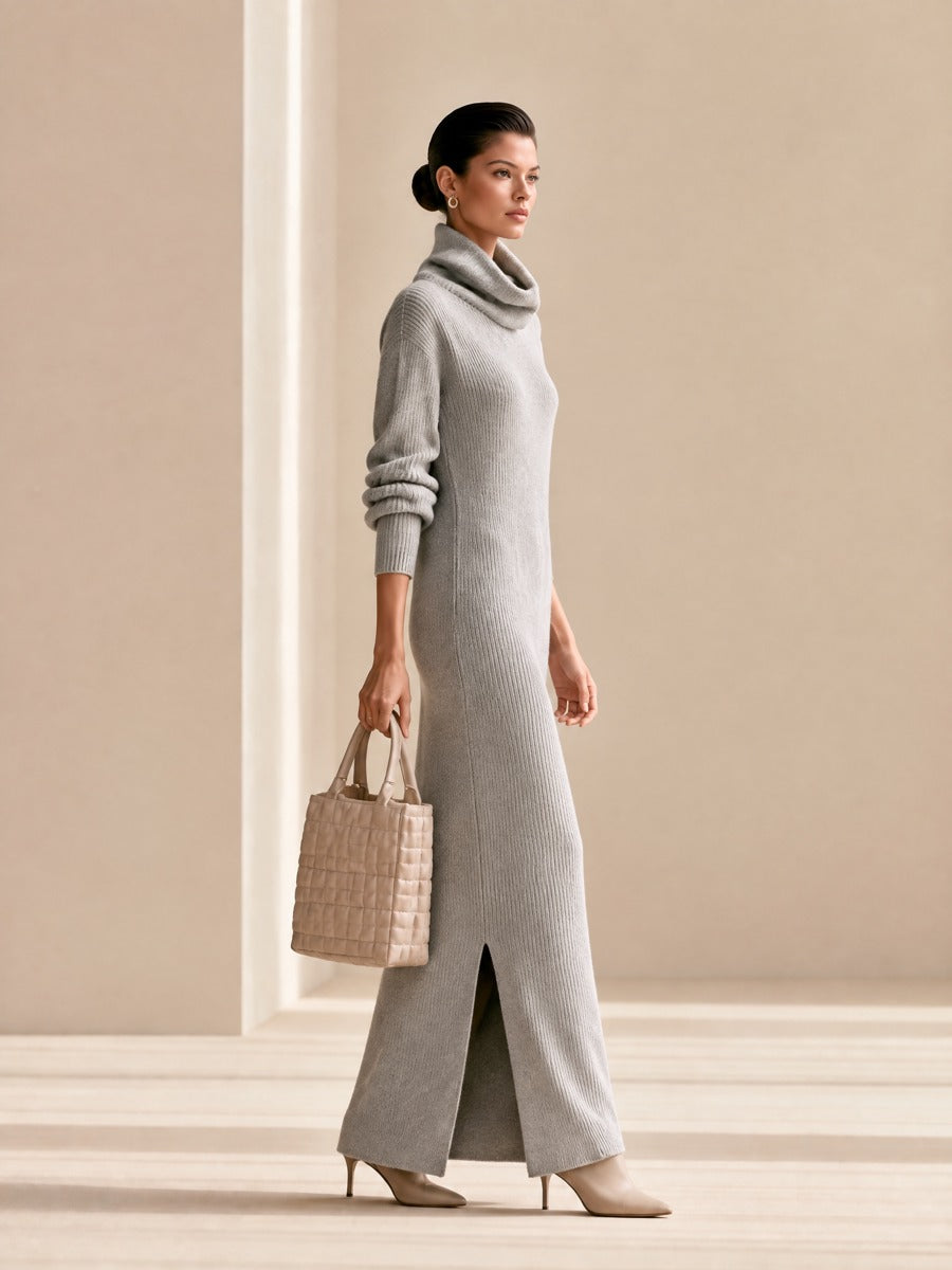 Ribbed Knit Turtleneck Maxi Dress — Slim Fit Side Slit 5
