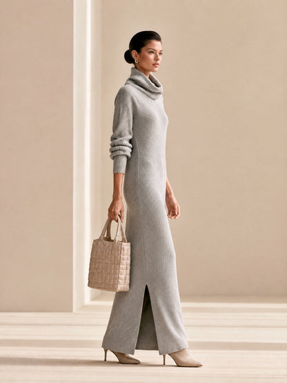 Ribbed Knit Turtleneck Maxi Dress — Slim Fit Side Slit 5