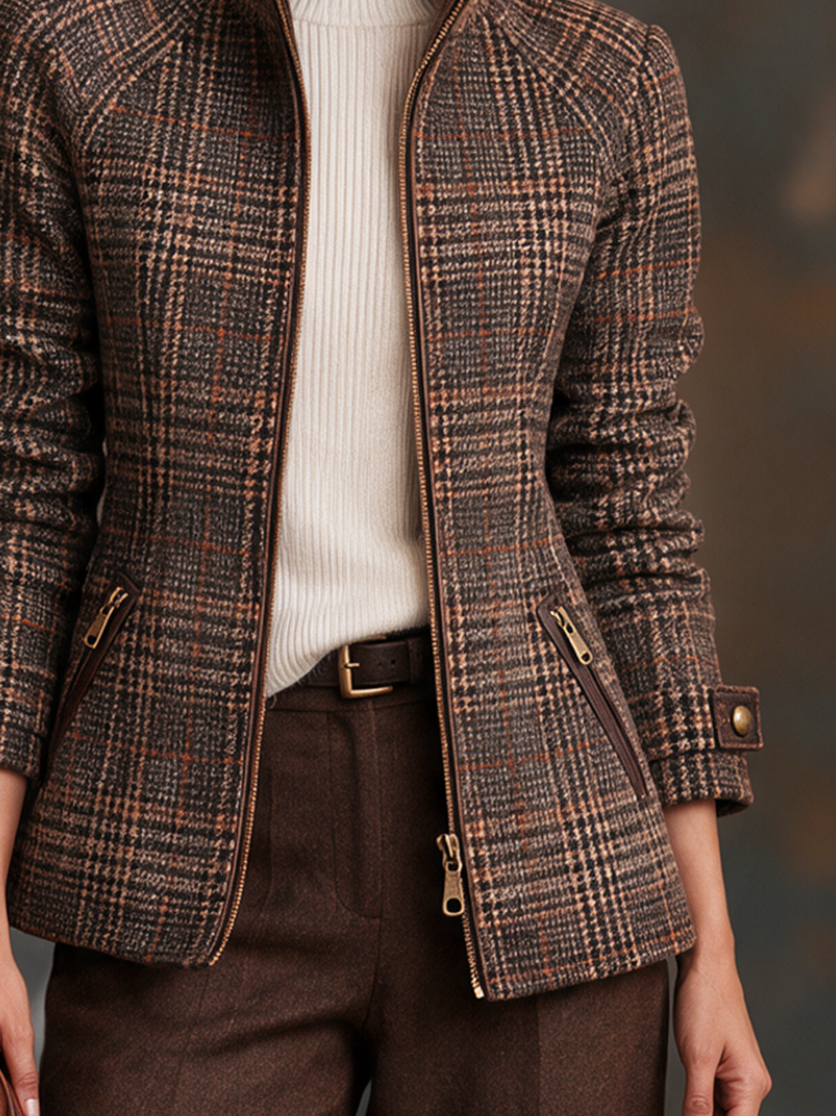 Vintage Plaid Wool-Blend Zip-Up Jacket — Stand Collar Women 5