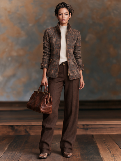 Vintage Plaid Wool-Blend Zip-Up Jacket — Stand Collar Women 6
