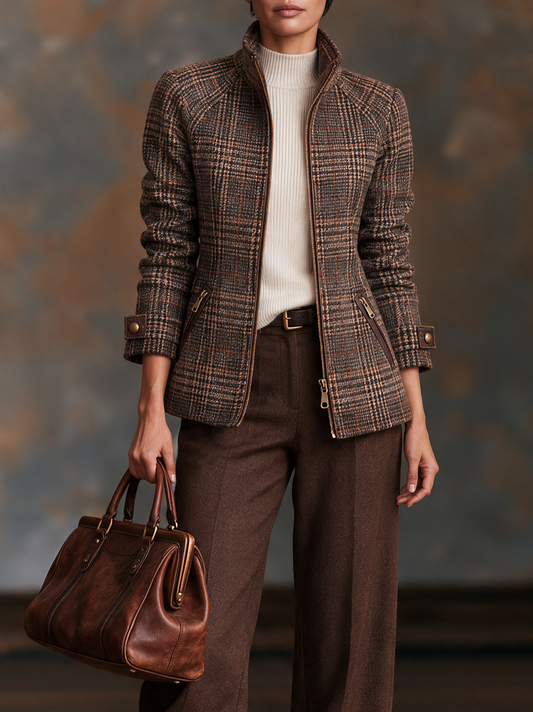 Vintage Plaid Wool-Blend Zip-Up Jacket — Stand Collar Women 1