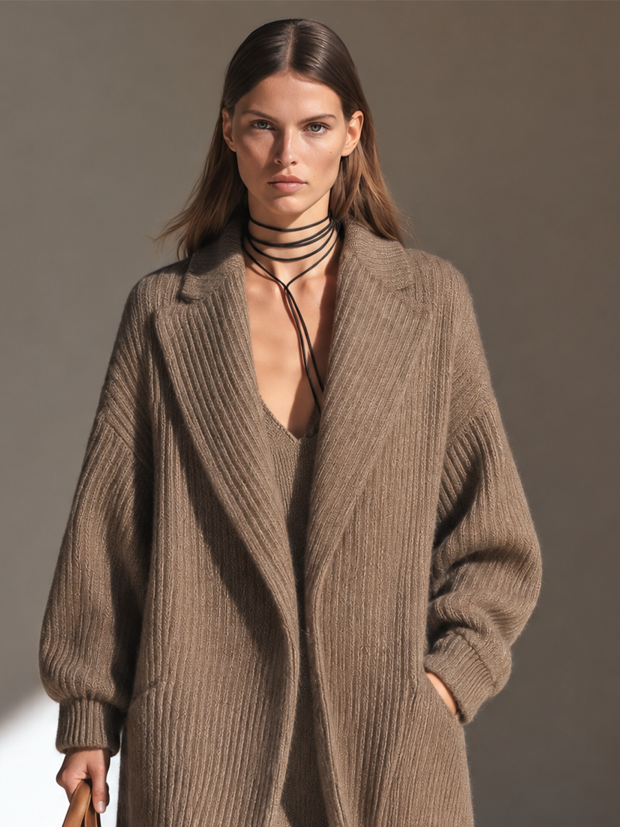 Women's Longline Wool-Knit Coat — Chunky Rib Open Front 6