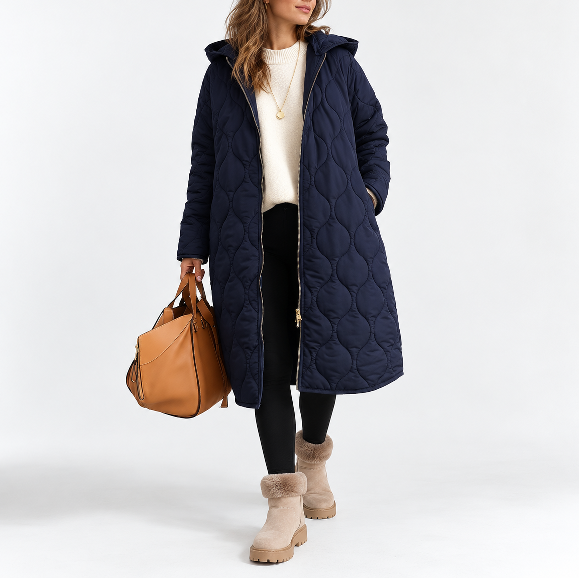 Women's Long Quilted Hooded Winter Coat with Pockets 3