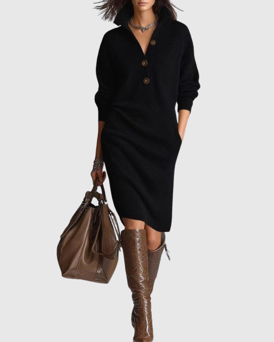 Arianell Wool Knit Midi Dress — Ribbed Button-Up Winter 1