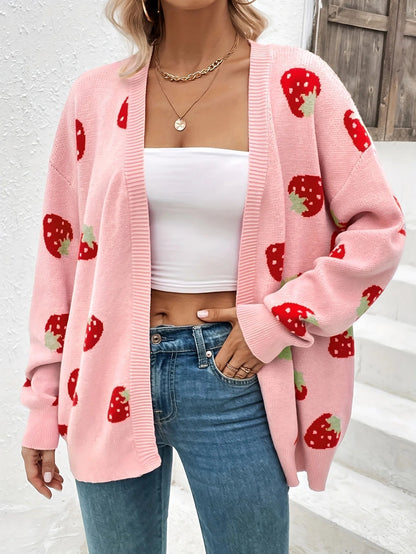 Strawberry Motif Knit Cardigan — Oversized Button Front 1