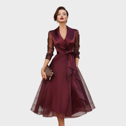Burgundy Midi Cocktail Dress — Mesh Sleeves & Waist Belt 3