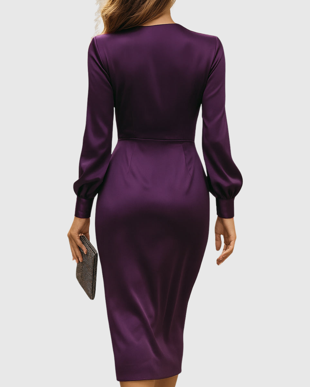 Deep Plum Satin Wrap Midi Dress — Long Sleeve Evening 4