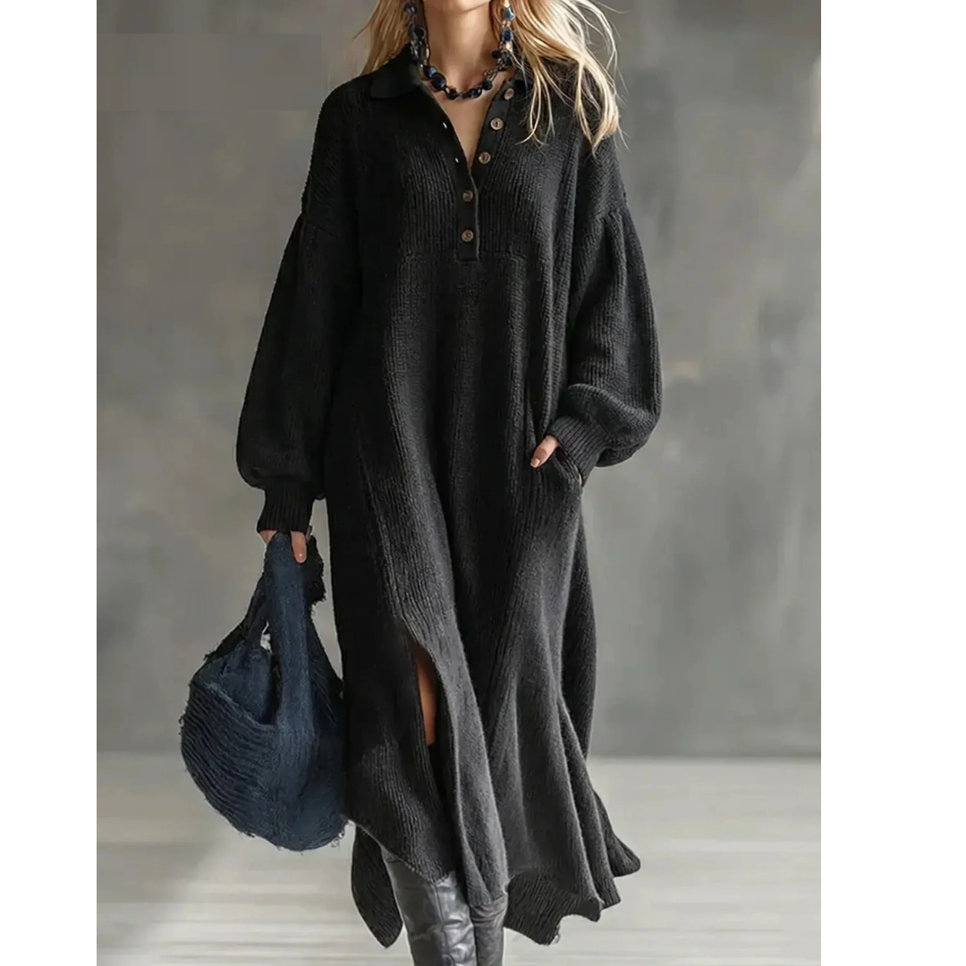 Women's Knit Maxi Sweater Dress — Oversized Fit, Collared Button Neck, Side Slits