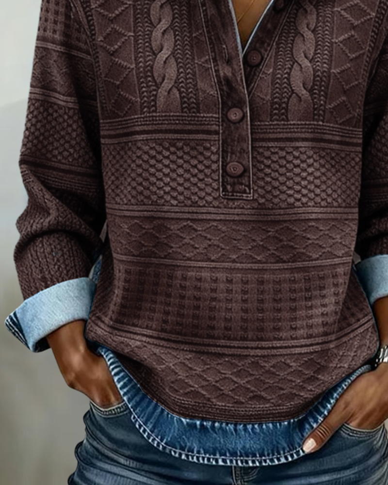 Jillian Structured Denim Sweater — Knit Texture Button Collar 8