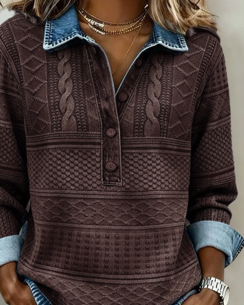 Jillian Structured Denim Sweater — Knit Texture Button Collar 9