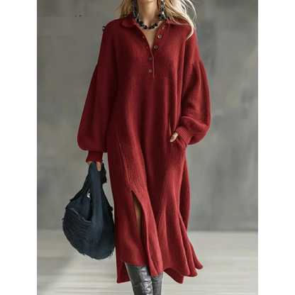 Women's Knit Maxi Sweater Dress — Oversized Fit, Collared Button Neck, Side Slits