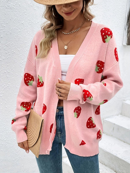 Strawberry Motif Knit Cardigan — Oversized Button Front 3