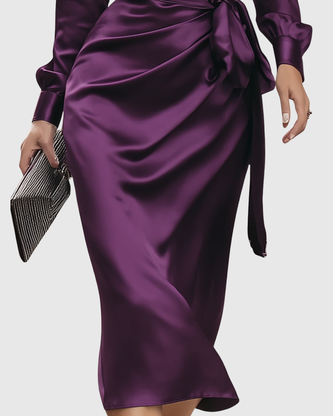 Deep Plum Satin Wrap Midi Dress — Long Sleeve Evening 3