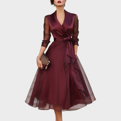 Burgundy Midi Cocktail Dress — Mesh Sleeves & Waist Belt 1