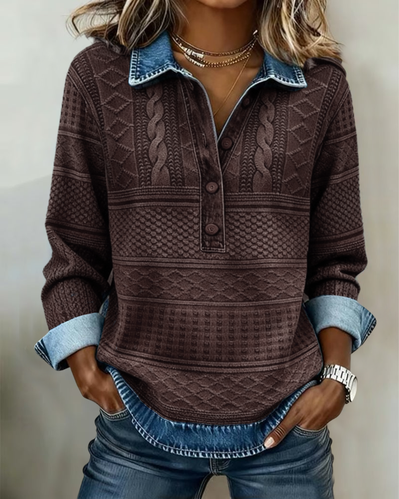 Jillian Structured Denim Sweater — Knit Texture Button Collar 3