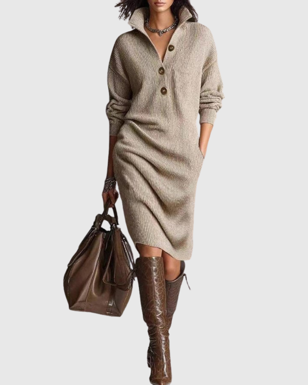 Arianell Wool Knit Midi Dress — Ribbed Button-Up Winter 2