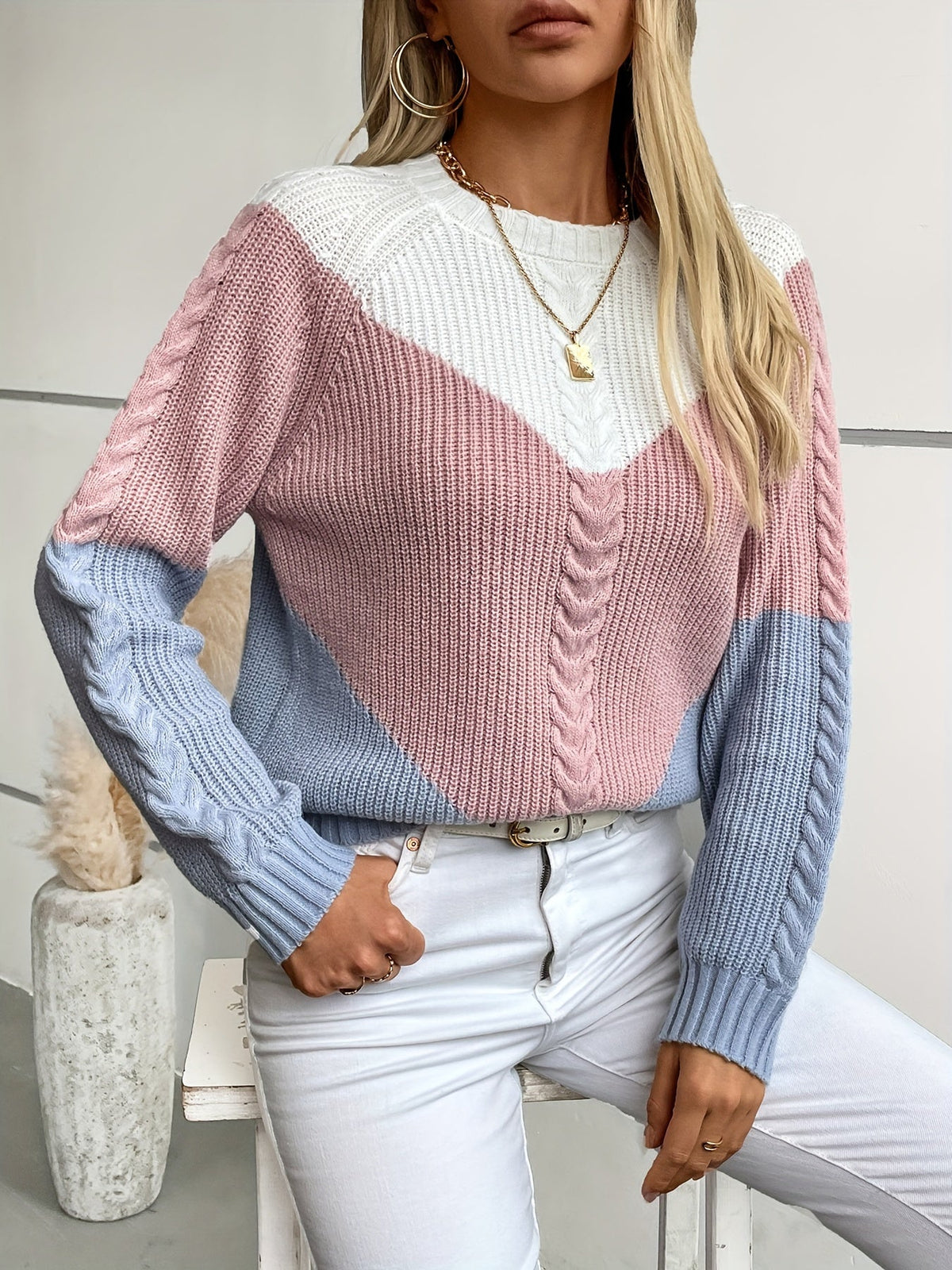 Colour Block Cable Knit Sweater — Chevron Panel Design 3