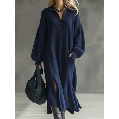 Women's Knit Maxi Sweater Dress — Oversized Fit, Collared Button Neck, Side Slits