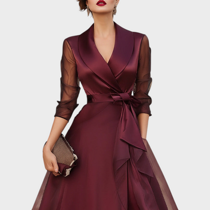 Burgundy Midi Cocktail Dress — Mesh Sleeves & Waist Belt 4