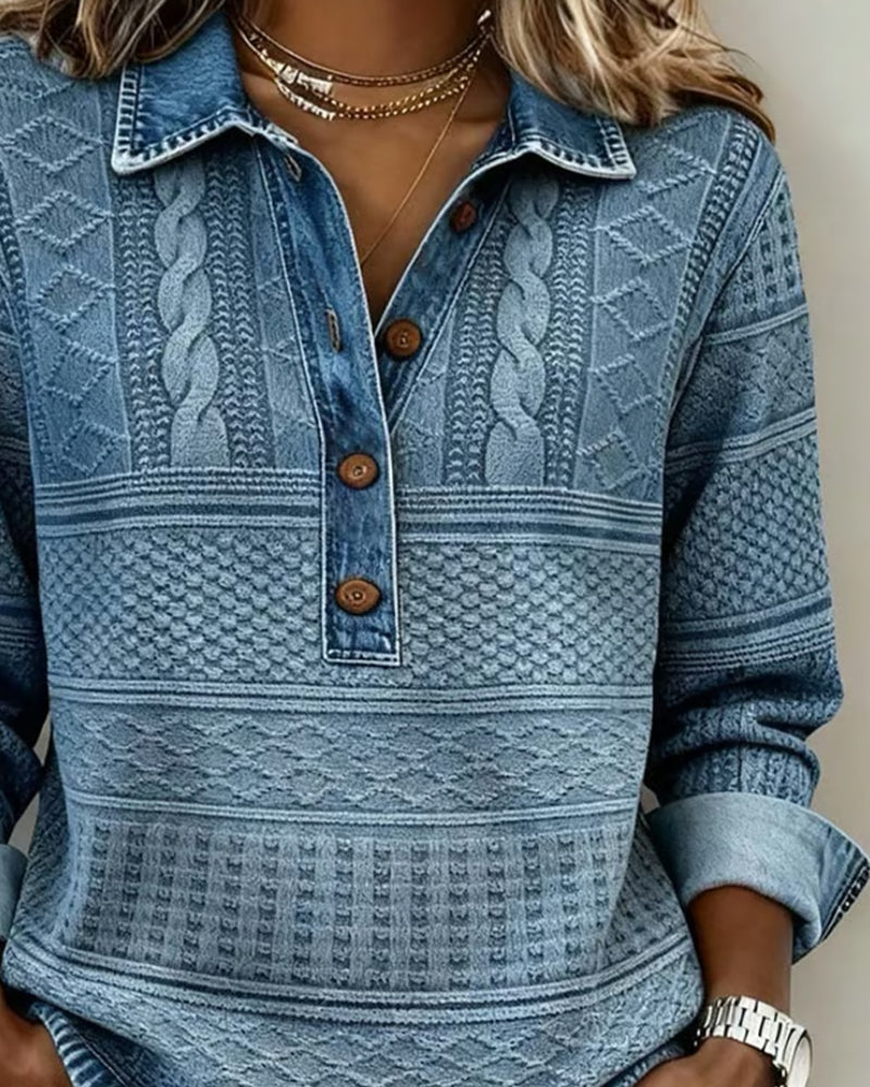 Jillian Structured Denim Sweater — Knit Texture Button Collar 5