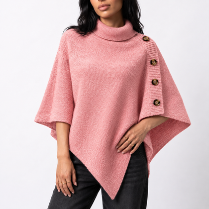 Women's Knitted Turtleneck Poncho — Buttons & Asymmetric Hem 3