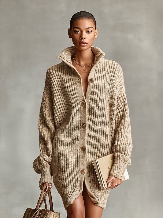 Oversized Mini Cardigan Dress — Button-Front Knit Camel 2