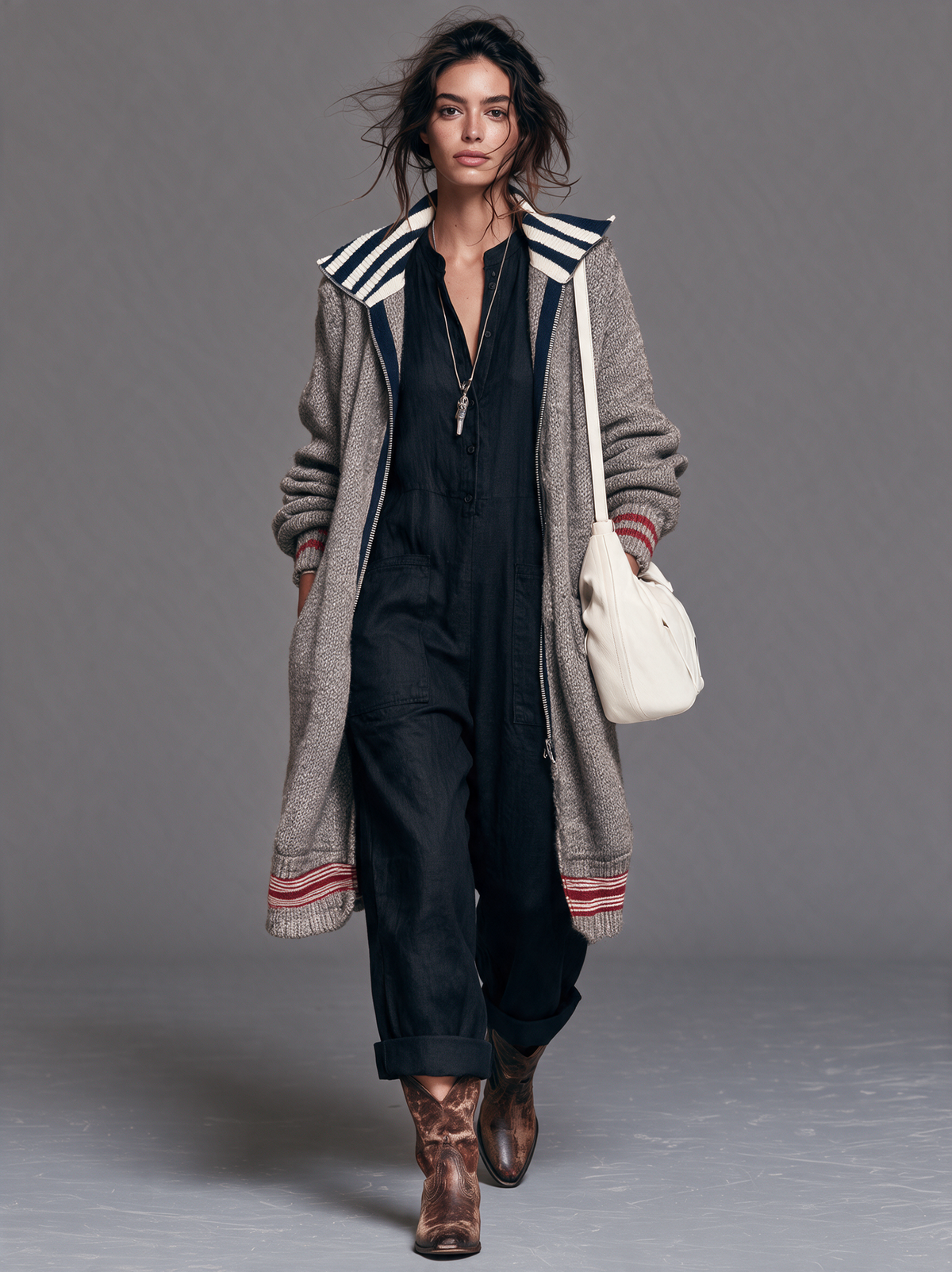 Women's Vintage Colour-Block Zip-Up Mid-Length Cardigan 16
