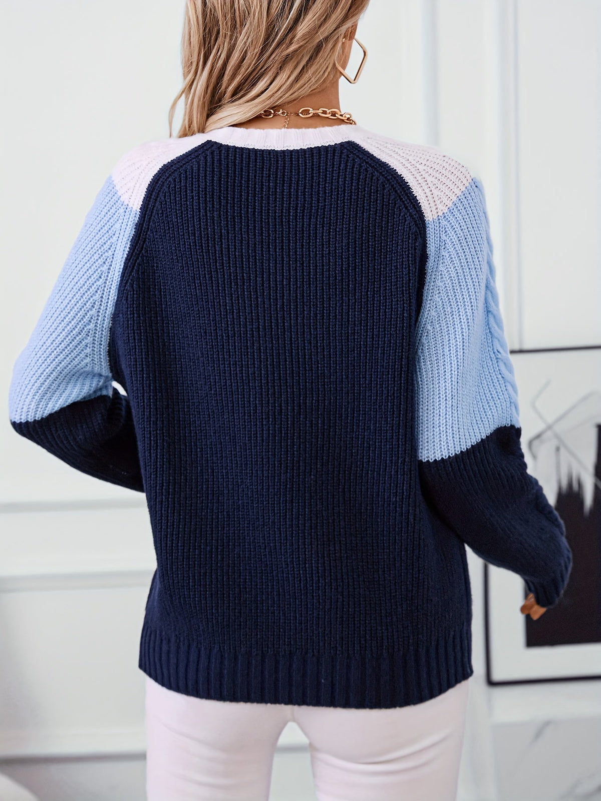 Colour Block Cable Knit Sweater — Chevron Panel Design 6