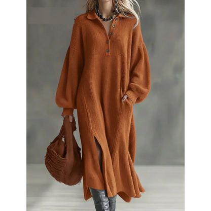 Women's Knit Maxi Sweater Dress — Oversized Fit, Collared Button Neck, Side Slits