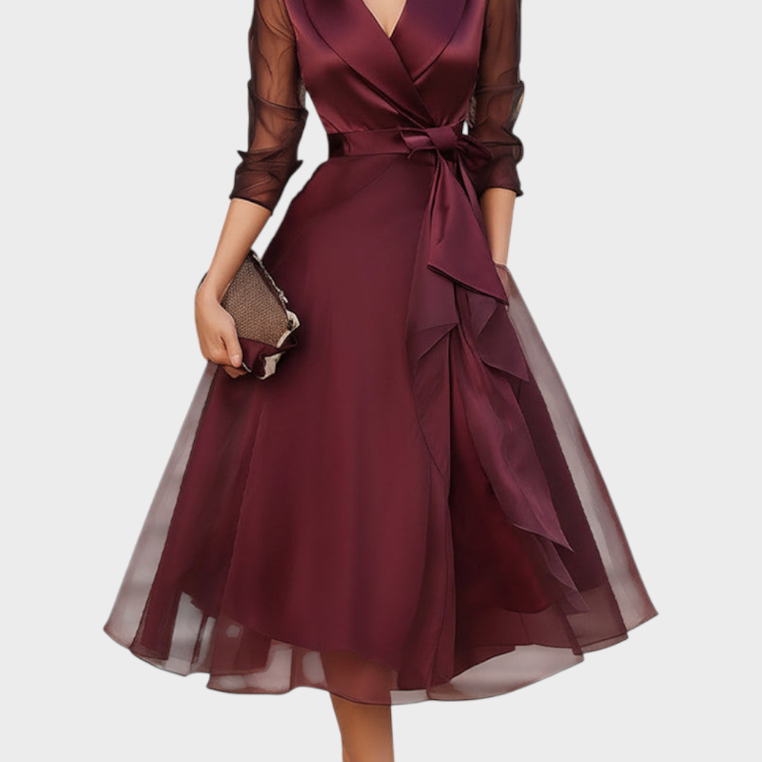 Burgundy Midi Cocktail Dress — Mesh Sleeves & Waist Belt 5