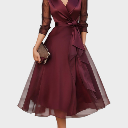 Burgundy Midi Cocktail Dress — Mesh Sleeves & Waist Belt 5