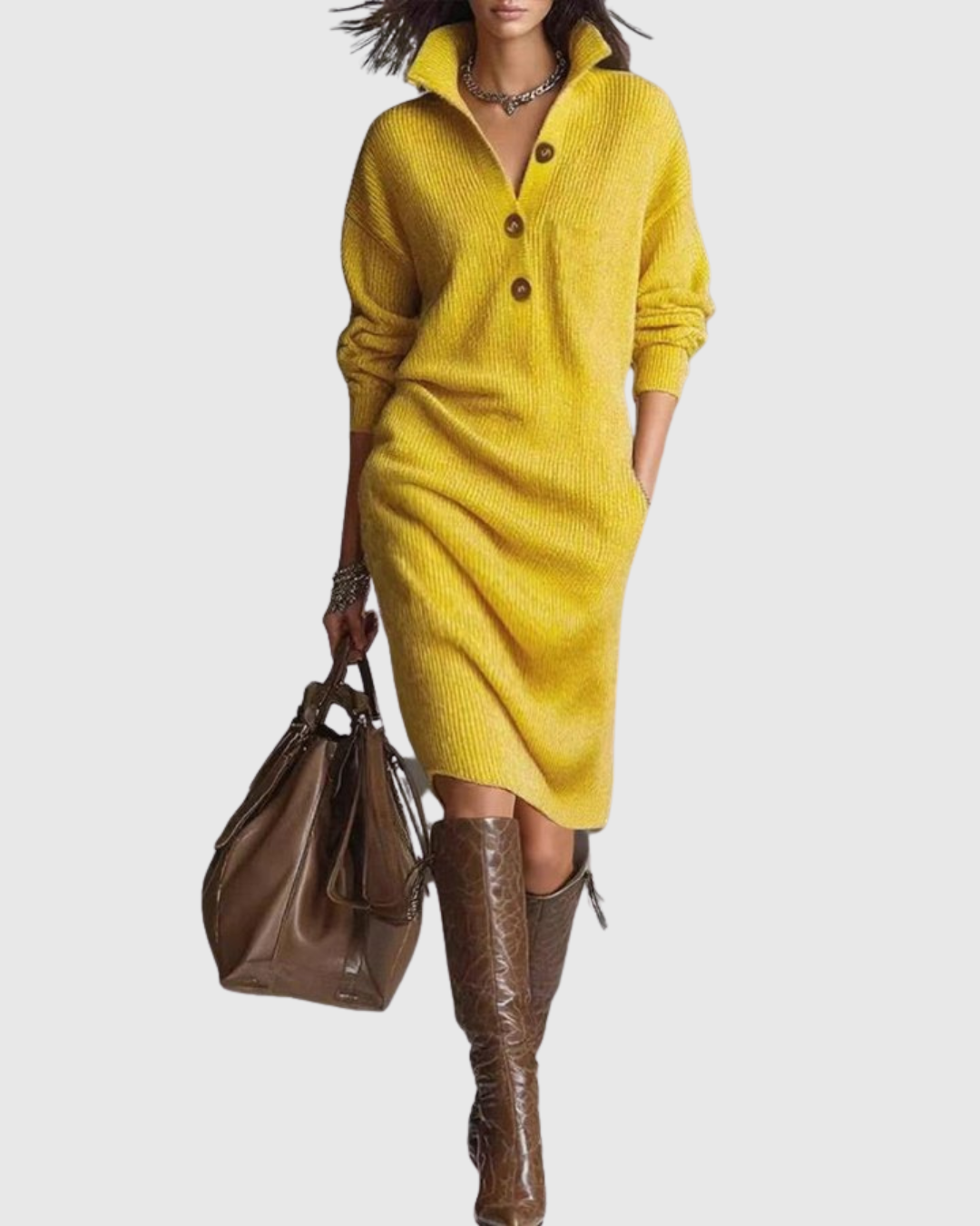 Arianell Wool Knit Midi Dress — Ribbed Button-Up Winter 4
