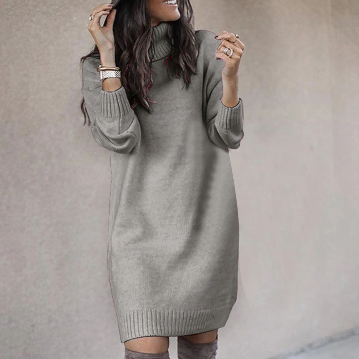 Women's Turtleneck Knit Jumper Dress — Oversized Long Sleeve 6