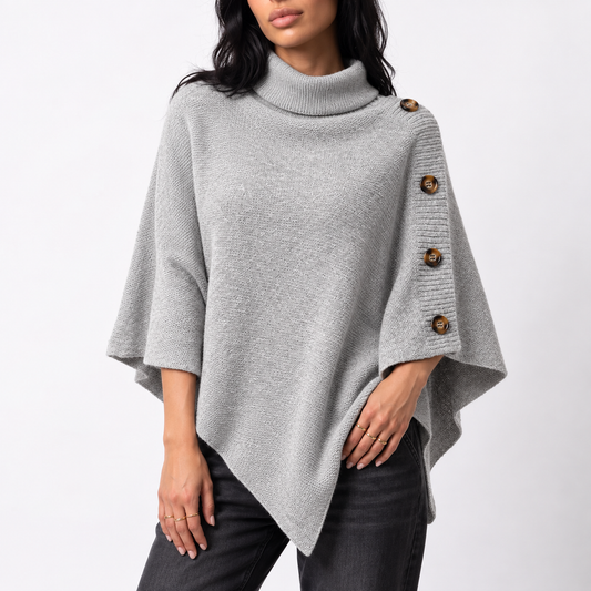 Women's Knitted Turtleneck Poncho — Buttons & Asymmetric Hem 1