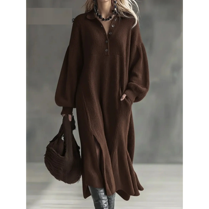 Women's Knit Maxi Sweater Dress — Oversized Fit, Collared Button Neck, Side Slits
