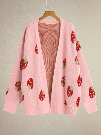 Strawberry Motif Knit Cardigan — Oversized Button Front 6