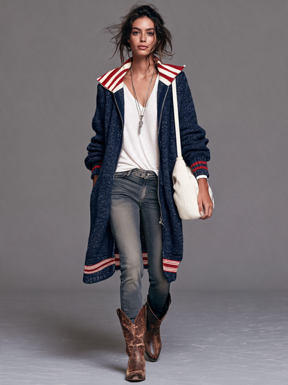 Women's Vintage Colour-Block Zip-Up Mid-Length Cardigan 12