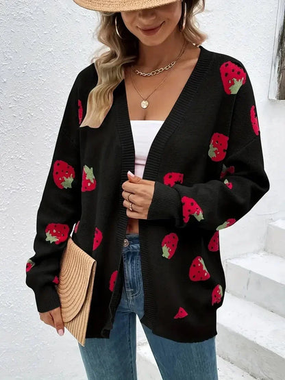 Strawberry Motif Knit Cardigan — Oversized Button Front 9