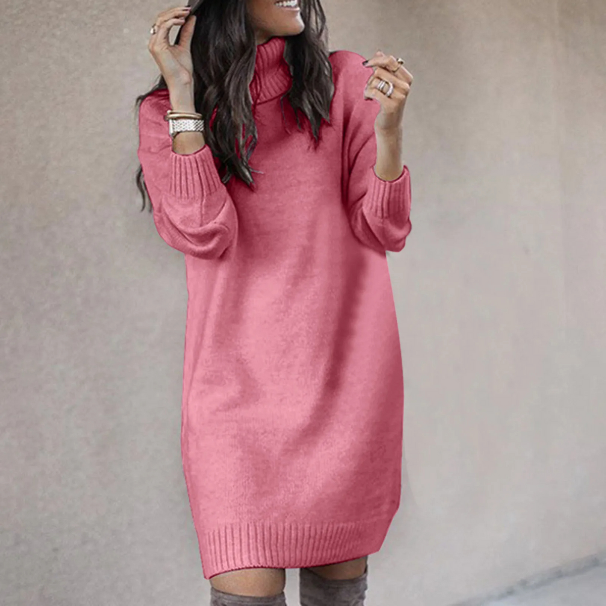Women's Turtleneck Knit Jumper Dress — Oversized Long Sleeve 1