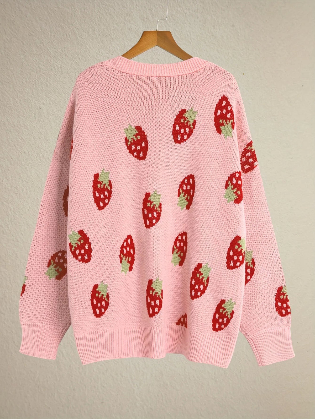Strawberry Motif Knit Cardigan — Oversized Button Front 7