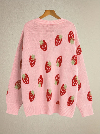 Strawberry Motif Knit Cardigan — Oversized Button Front 7