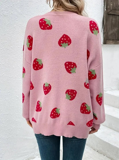 Strawberry Motif Knit Cardigan — Oversized Button Front 5