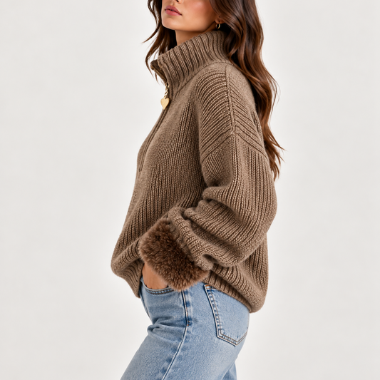 Oversized Half-Zip Knit Sweater — Faux Fur Cuffs Women 2