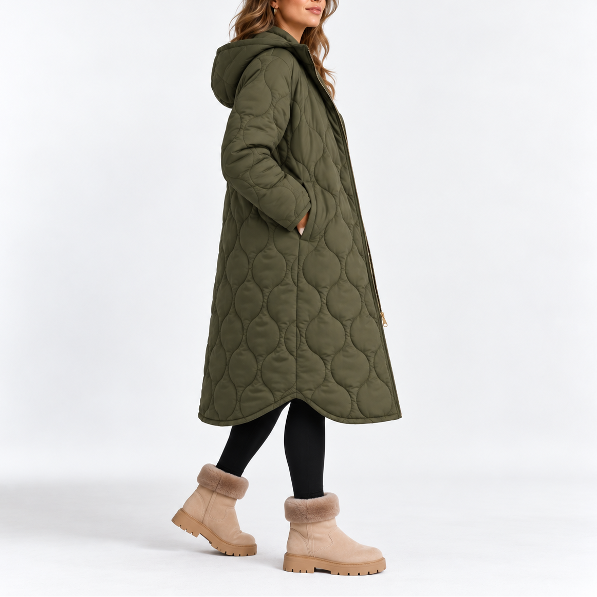 Women's Long Quilted Hooded Winter Coat with Pockets 2