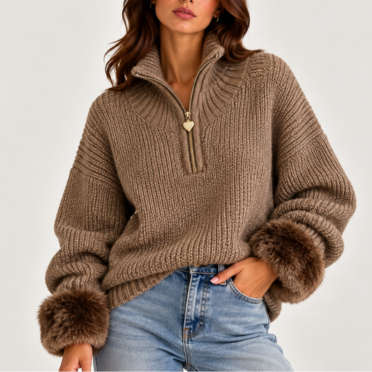 Oversized Half-Zip Knit Sweater — Faux Fur Cuffs Women 1