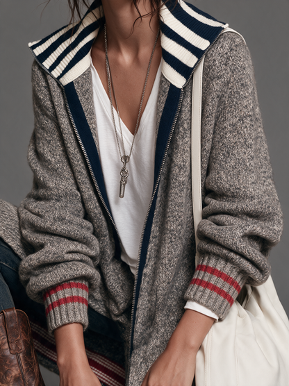 Women's Vintage Colour-Block Zip-Up Mid-Length Cardigan 11