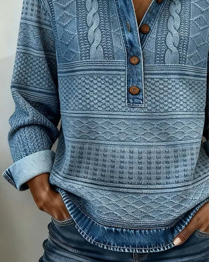 Jillian Structured Denim Sweater — Knit Texture Button Collar 4