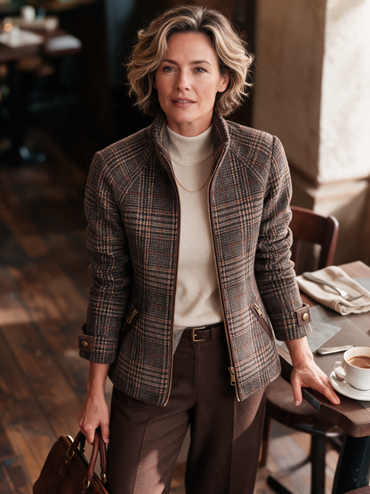 Vintage Plaid Wool-Blend Zip-Up Jacket — Stand Collar Women 3